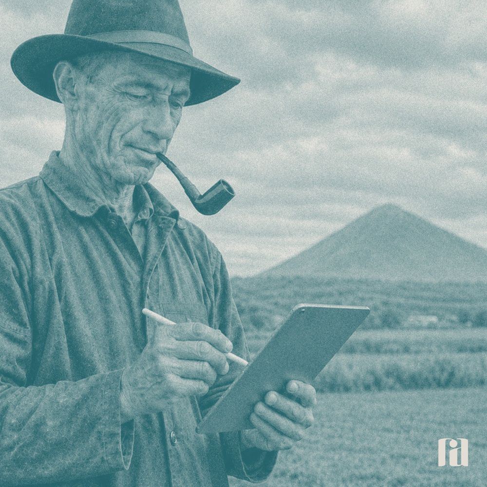 Hombre con pipa y sombrero dibujando en una tableta